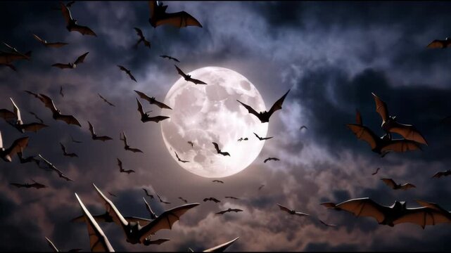 Flock of Bats Flying Against a Full Moon and Dark Cloudy Night Sky