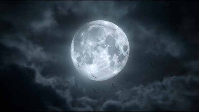 Flock of Bats Flying Against a Full Moon and Dark Cloudy Night Sky