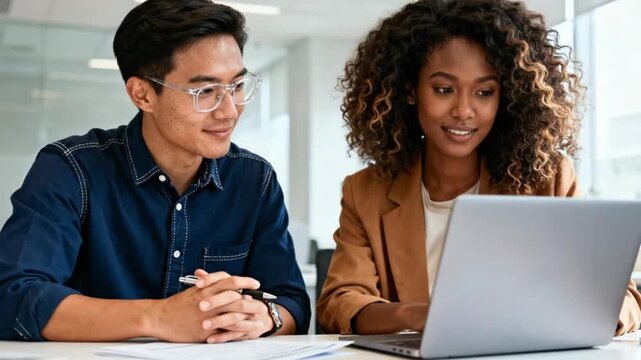 Diverse colleagues collaborating on laptop in office
