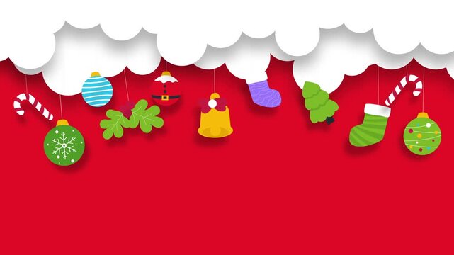 Flat Christmas background animation with hanging ornaments, socks, and candy canes on red backdrop, perfect for festive greetings or holiday intros.