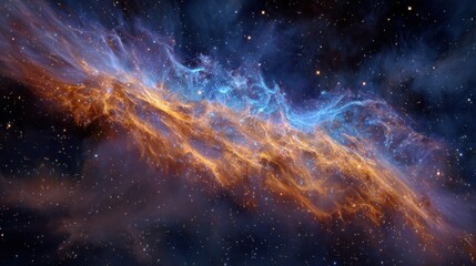 Fototapeta premium A long, orange and blue nebula in space. The colors are vibrant and the image is full of stars