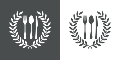 Logo restaurante. Silueta de cubiertos con corona triunfal de laurel