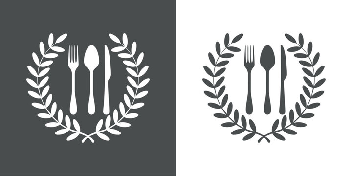 Logo restaurante. Silueta de cubiertos con corona triunfal de laurel