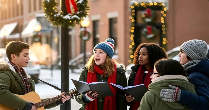 Group of teenagers singing christmas carols on a snowy street