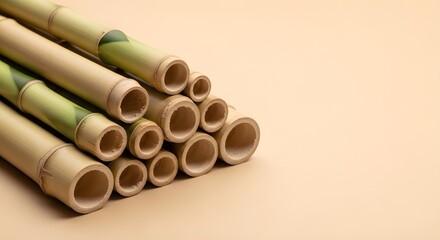 Natural bamboo stalks stacked in a pyramid shape