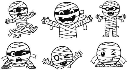 Cute cartoon mummy characters, Halloween spooky fun for kids, playful holiday spirit