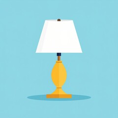 Elegant golden table lamp with white lampshade on blue background.