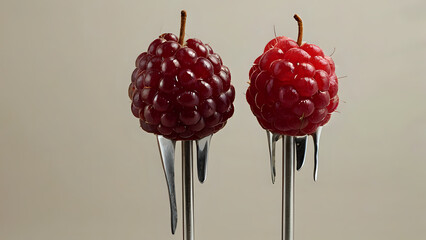 Minimalist dessert sculpture &mdash; a vertical stack of three raspberries on a fine metal skewer against a neutral background