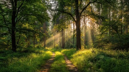 Fototapeta premium Soft sunlight streams through tall trees illuminating a serene forest path covered in green grass. The scene captures the peaceful beauty of nature in the early morning.