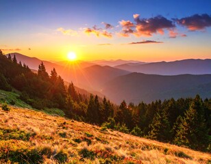 Obraz premium A vibrant sunset casts a golden glow over a mountain range, highlighting layers of peaks and valleys under a colorful sky