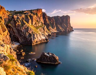 Rocky coastline at dawn, cliffs facing calm ocean