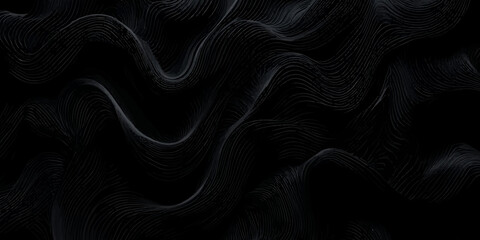 Luxury black satin fabric texture with a smooth, shiny, and flowing wave pattern for an elegant background material