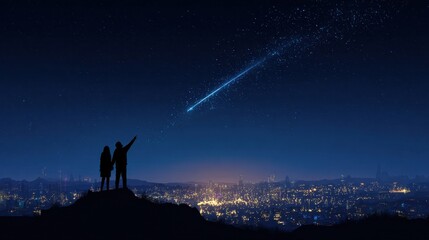 Fototapeta premium A couple is looking up at a shooting star in the night sky. The scene is set in a city with a beautiful view of the stars
