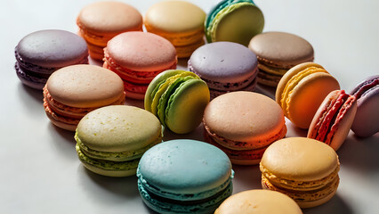 Geometric arrangement of colorful macarons in a circle on a white background 