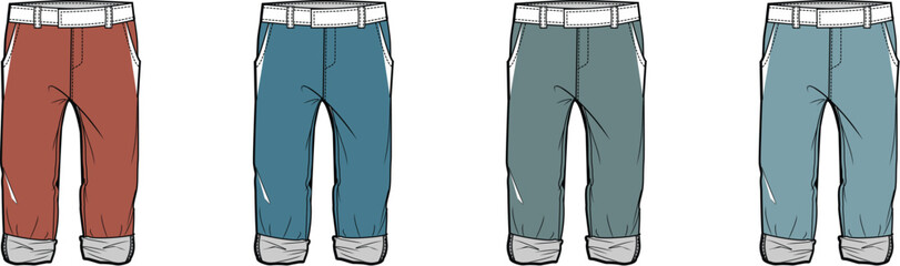 Fashion illustration of casual rolled-up trousers, showcasing a palette of versatile colors. These comfortable cuffed pants are perfect for lifestyle apparel designs and everyday wear concepts