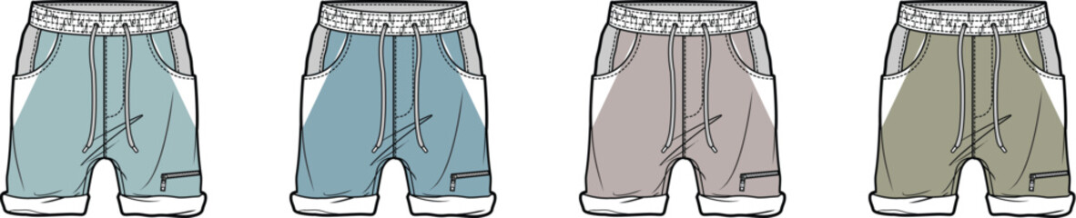 Kids casual shorts fashion flat sketch set with drawstring waist and pockets. Apparel design vector illustration template