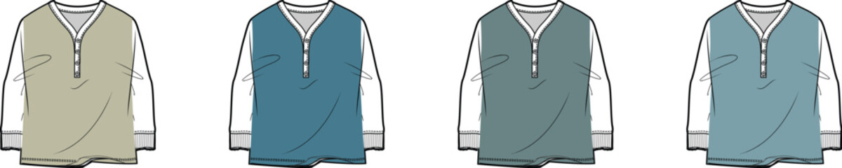 Men's long sleeve Henley t-shirt fashion flat technical sketch template set with color variations