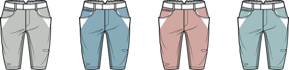 Fashion design template of children's sport pants in four colorways, vector flat sketch for apparel production and clothing concepts