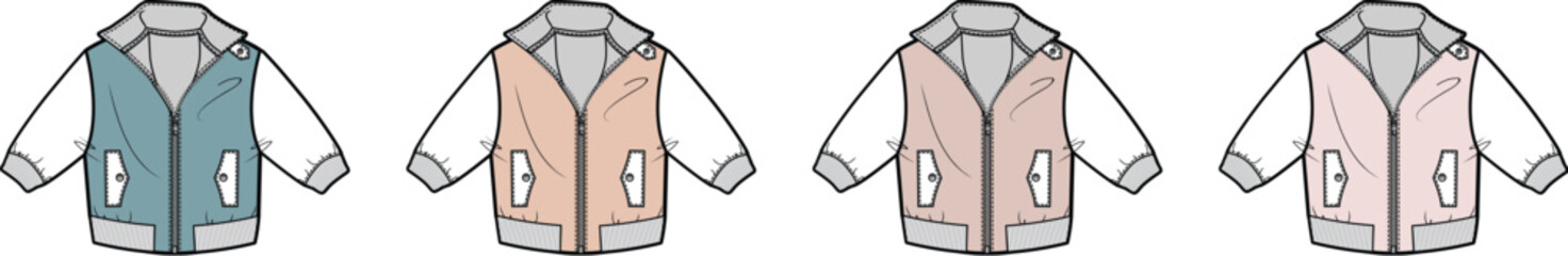 Set of children's hooded bomber jackets in pastel colorways. Vector flat sketch fashion illustration for apparel design and tech packs