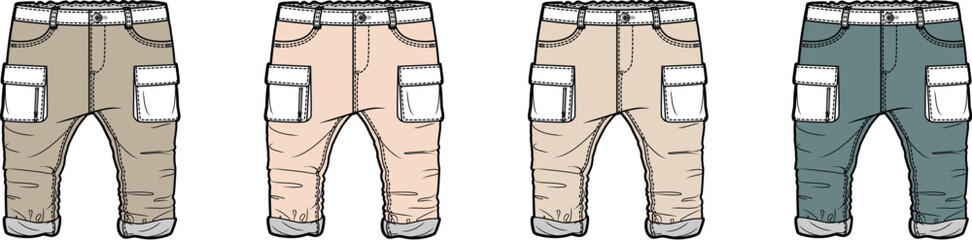Versatile collection of flat design cargo pants illustrations, showcasing different color options like beige, khaki, and blue, perfect for casual wear, outdoor adventures, and fashion design templates