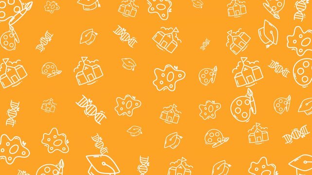 Doodle back to school pattern with art, science, graduation images for designs. Perfect for educational materials, stationery, and classroom decorations.