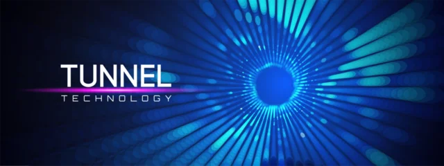 Fotobehang Kasteel Quantum vortex tunnel with abstract portal and matrix particle for gravity lattice or network perspective background. Flow geometric security and concept circuit with light bg and algorithm design.  © RDVector