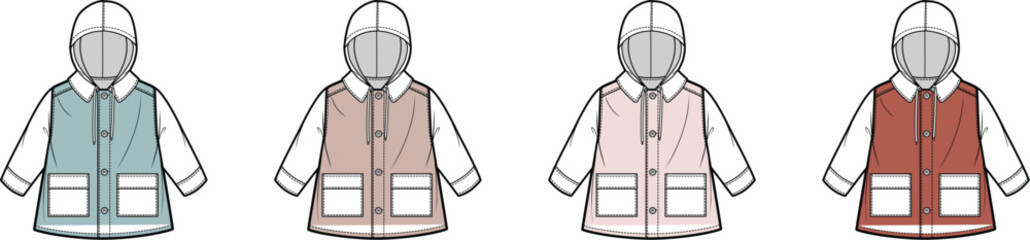 Kids hooded vest fashion flat technical drawing set. Children's outerwear gilet apparel design template shown in multiple color variations for tech pack