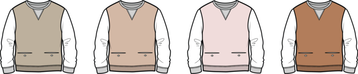 Set of men's V-neck sweater vest technical flat drawings in various color options, an apparel design mockup and garment template for fashion