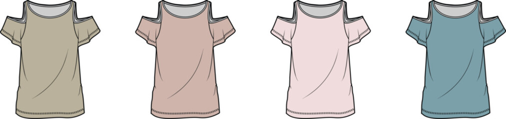 Stylish women's short sleeve cold shoulder t-shirt flat technical sketch in various neutral and pastel color options, ideal for fashion design, product development, and clothing catalog presentations