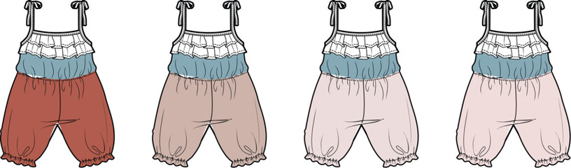 Four stylish jumpsuit designs in various colors suitable for fashion illustration and apparel design