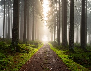 Path through misty forest with tall trees and sunlight