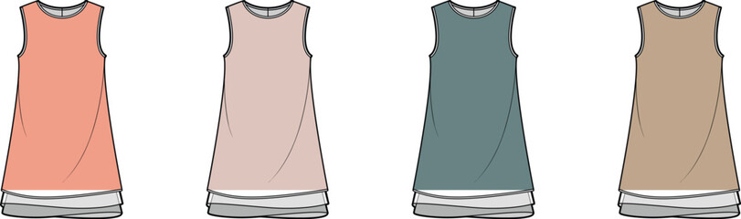 Collection of four simple sleeveless tunic dresses in soft pastel and neutral tones, featuring a clean, minimalist design for comfortable and versatile women's fashion, perfect for everyday wear