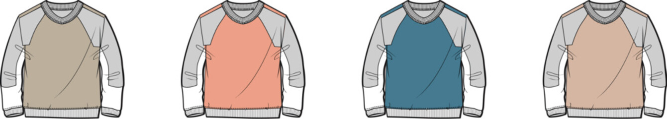 A collection of fashion design flat sketches featuring a raglan sleeve sweatshirt in multiple color block variations for apparel mockups