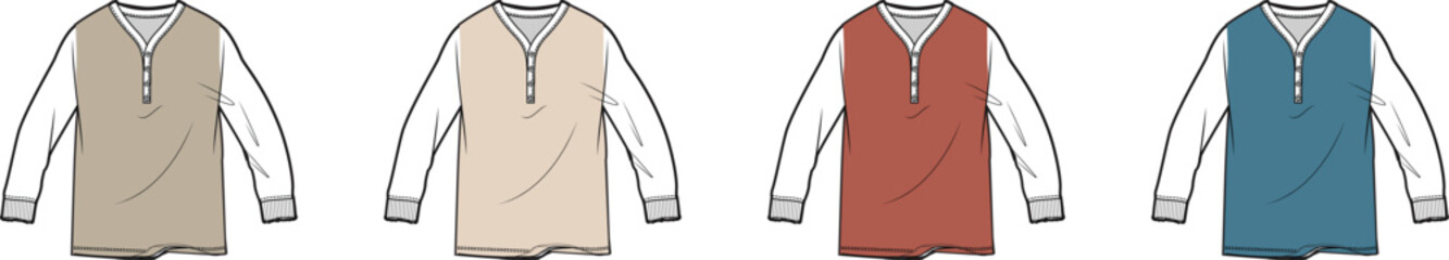 Flat sketch illustration of long sleeve Henley shirts in four different color variations, featuring a classic button-placket design and ribbed cuffs, suitable for fashion design and apparel mockups