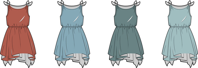 Fashion flat sketch of four women's sleeveless summer dresses, each with a gathered waist and an elegant asymmetrical hemline, presented in distinct color options for versatile apparel design