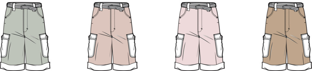 Illustrations of comfortable cargo pants in green, pink, and brown, featuring practical pockets and a relaxed fit, ideal for casual apparel design concepts