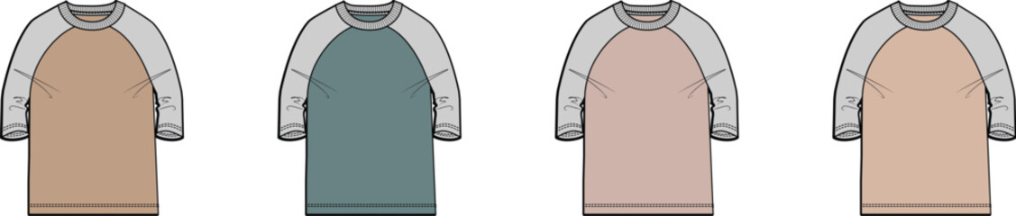 Raglan Sleeve Shirt Color Options Vector Art for Fashion and Apparel Design
