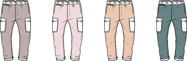 Fashionable trousers with distinct pockets and rolled-up hems, presented in a palette of neutral tones