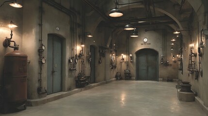 Fototapeta premium industrial, 廃工場, control room, 配管, 機械室, underground, 廃墟, maintenance, 蒸気システム, retro, 廃棄設備, 配電盤, factory interior