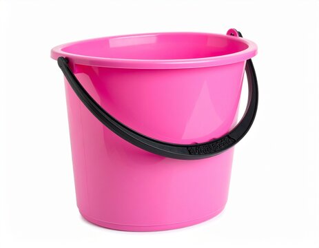 Vibrant pink plastic bucket with black handle, isolated on a clean white background, perfect for cleaning, gardening, or household chores.