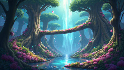 Imaginative Sci-Fi Fantasy Scene with Glowing Trees and Sky Lights