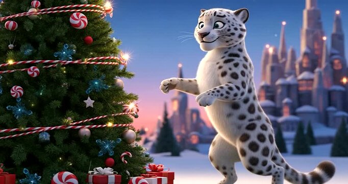Cartoon snow leopard near a decorated christmas tree with castle
