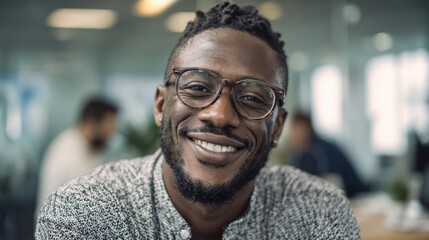 A man with glasses is smiling while sitting in a bright office space. He appears to be engaging in a friendly conversation with colleagues nearby. The atmosphere is relaxed and collaborative.