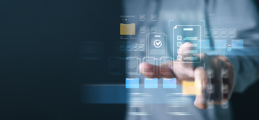 file, conflict, resolve, sync, version, Person managing digital files and resolving cloud synchronization conflicts through a virtual interface, representing data management and workflow control.