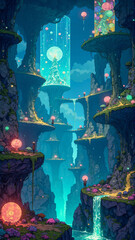 Magical Sci-Fi Forest at Night with Luminous Trees and Water