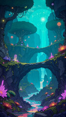 Surreal Fantasy Realm with Pink and Blue Glowing Orbs