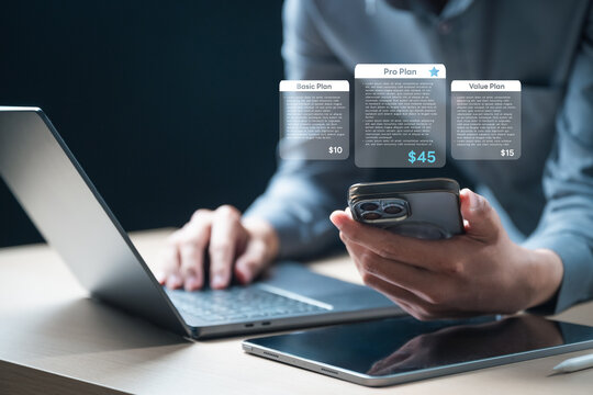 subscription, management, recurring, billing, Person managing online subscription plans on smartphone and laptop, representing recurring billing, finance management, and digital payment control.