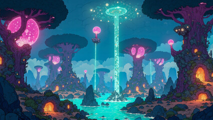 Futuristic Fantasy Landscape with Bioluminescent Forest and Lakes