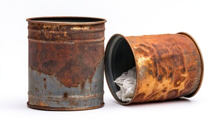 Two rusty metal cans on a white background