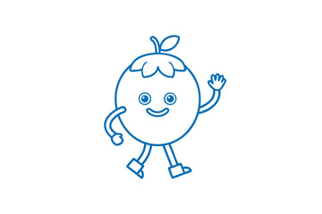 Blue line art reveals a cheerful berry character waving and walking happily onward
